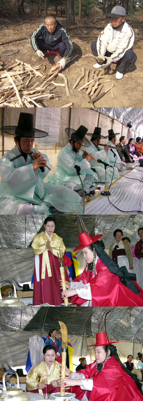 왼쪽부터 전통방법으로 횃대를 만드는 동민들. 삼현육각을 연주하는 잽이들. 칼과 창을 세우는 만신 